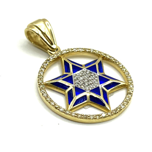 14K Gold & Diamond With Blue Enamel Star of David Round Necklace